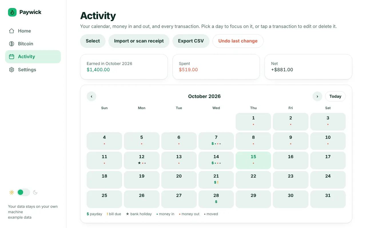 The Activity calendar for October with paydays, bills and spending marked on each day.