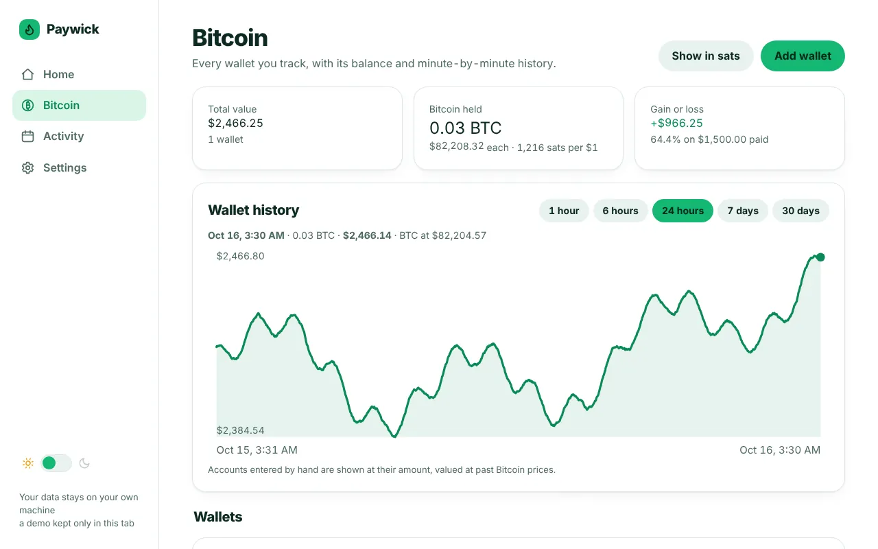 The Bitcoin tab showing holdings, gain or loss and a wallet.