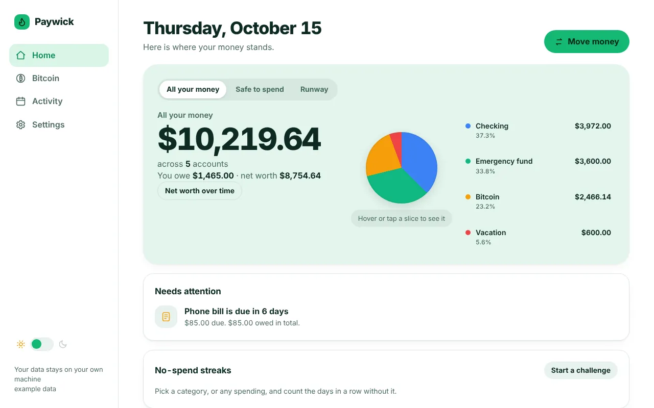 The Paywick Home screen: total money across five accounts, a pie chart by account, and a bill that is due soon.